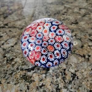 Vintage Italian Murano Art Glass Millefiori Paperweight Blue Red White Flowers